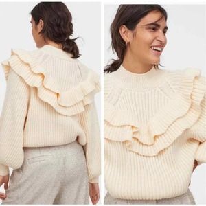 H&M Cream Flounced Rib-knit Balloon Sleeve Sweater Size XS